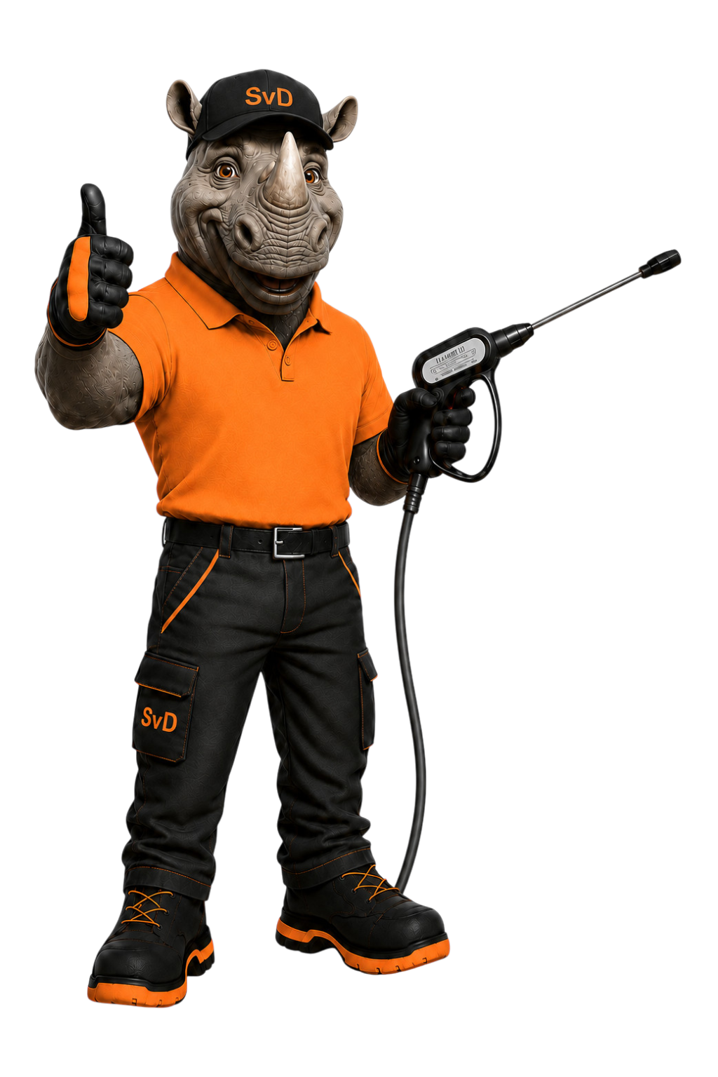 Sauber von Dauer Nashorn-Maskottchen mit Hochdruckreiniger
