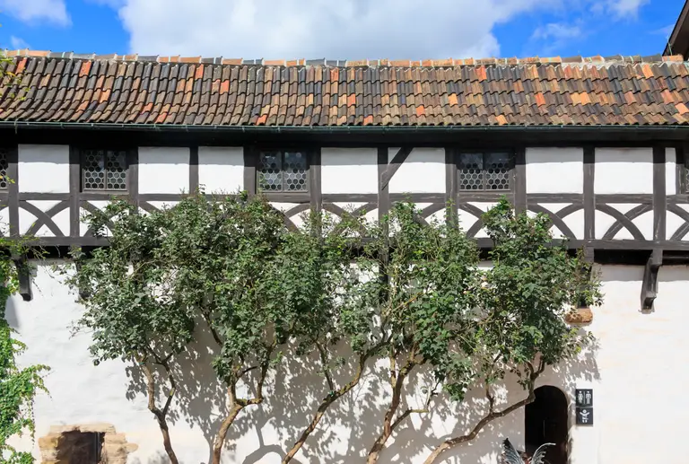 Die Wartburg über Eisenach auf einem bewaldeten Bergsporn, mit Bergfried und Fachwerk-Gebäuden im Sonnenlicht